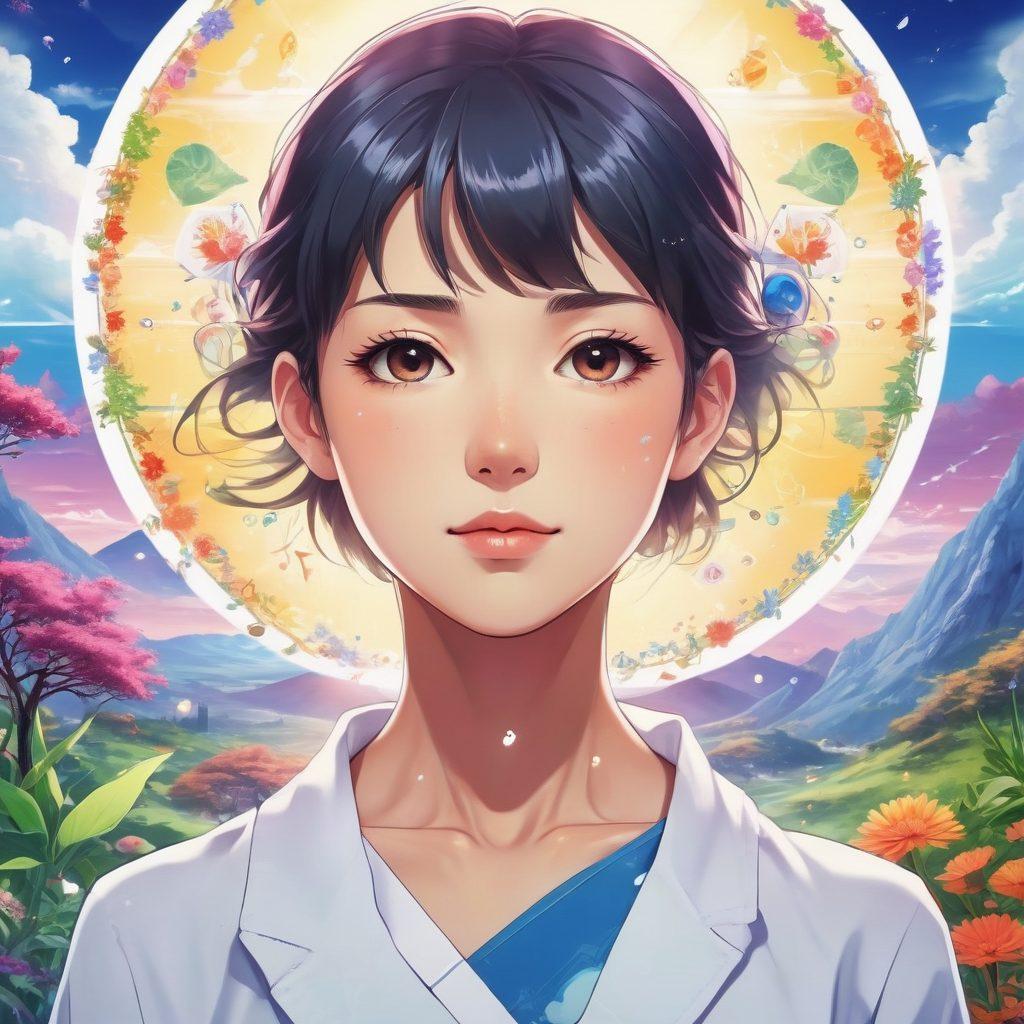 A dynamic scene showcasing a vibrant anime character embodying wellness, surrounded by symbolic elements of oncology such as DNA strands, medical icons, and healing plants. The background features a harmonious blend of colorful anime landscapes that signify hope and vitality. Incorporate elements of strength and resilience, symbolizing the merging of health insights with creative visuals. anime style. vibrant colors. bright background.