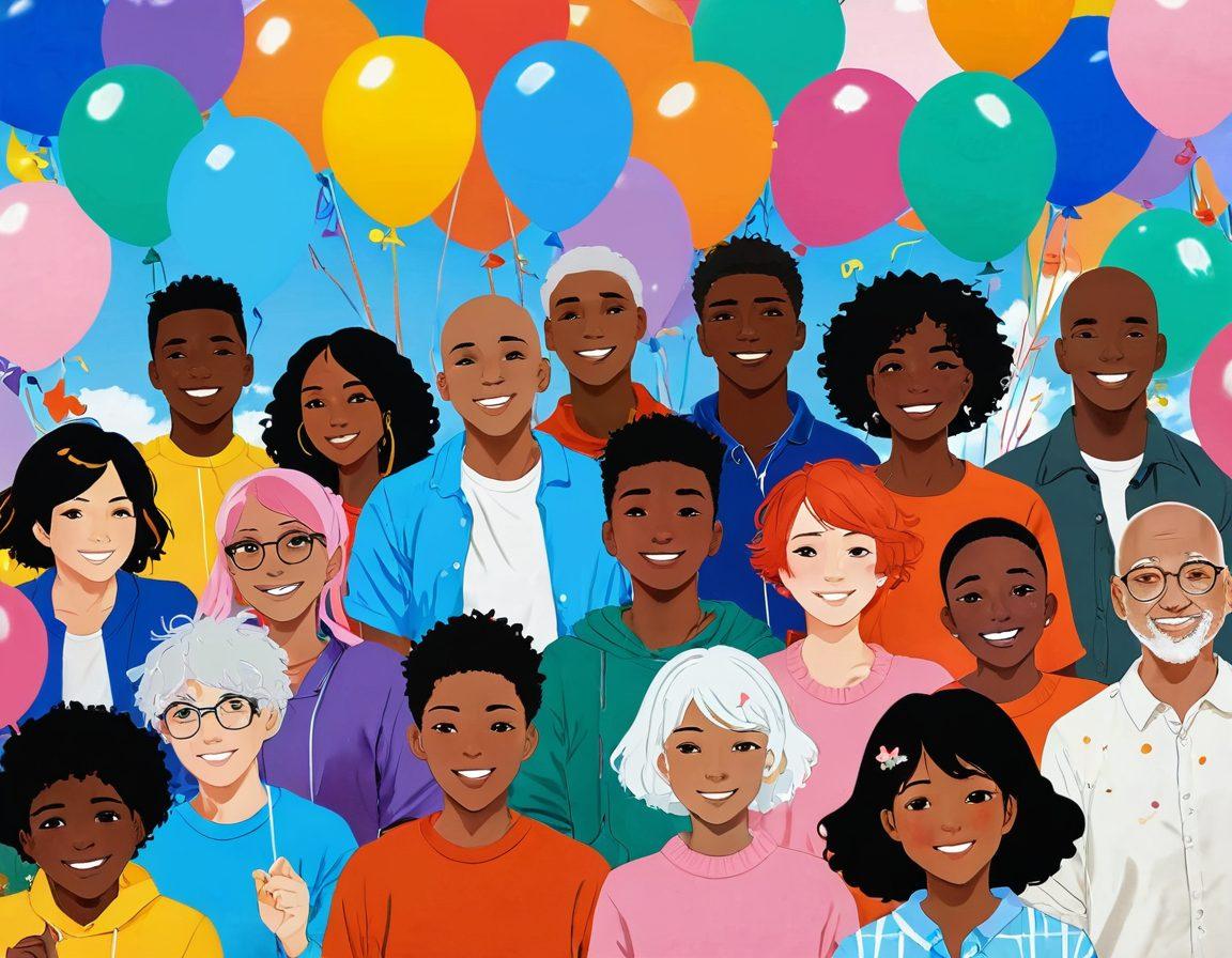 A collage of diverse individuals celebrating their cancer survivorship, surrounded by vibrant anime characters embodying hope and strength. Include elements of joy like balloons and confetti, intertwined with cancer awareness ribbons. The background should blend anime-style landscapes with bright colors that convey positivity and resiliency. super-realistic. vibrant colors. dynamic composition.