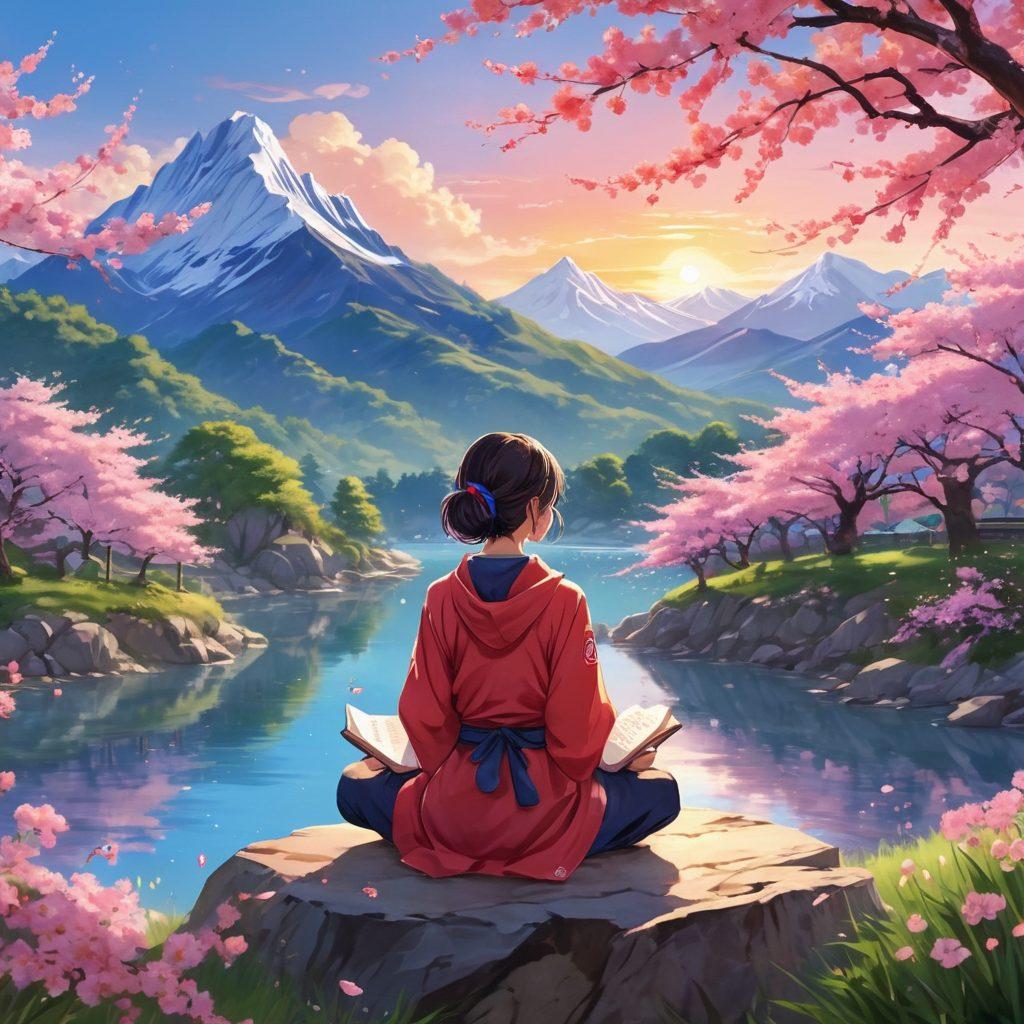 A vibrant anime character symbolizing resilience and hope, surrounded by blooming cherry blossoms and soft, glowing orbs of light representing wellness. In the background, a serene landscape integrates elements of nature, like mountains and rivers, to depict peace and harmony. The character holds a journal filled with inspiring stories, emphasizing strength through community. bold colors. dreamy atmosphere. anime style.